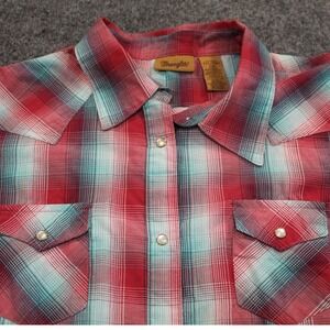 Wrangler Plaid Western Pearl Snap Shirt Long Sleeve Red Teal XXLarge